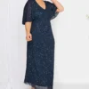 LUXE Curve Navy Blue Hand Embellished V-Neck Maxi Dress