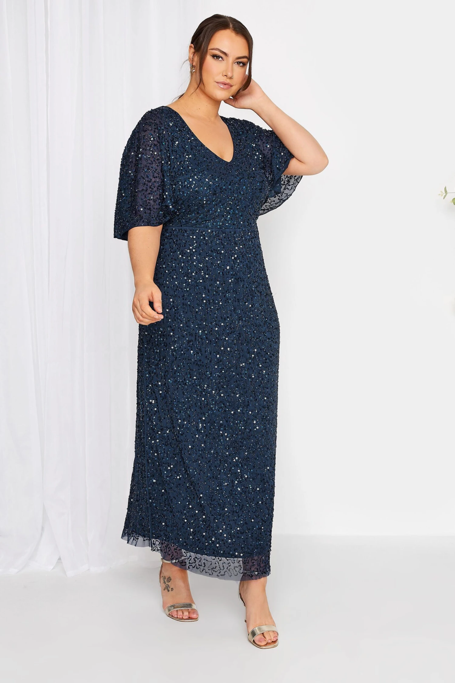 LUXE Curve Navy Blue Hand Embellished V-Neck Maxi Dress 1 LUXE Curve Navy Blue Hand Embellished V-Neck Maxi Dress