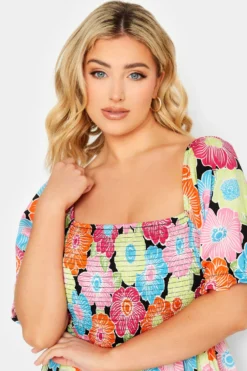 YOURS Curve Pink & Blue Floral Print Shirred Midi Dress -Outlet Stylo Wise Store 003efe03 0599 4e 137285 D scaled