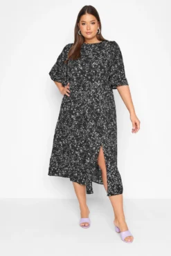 YOURS Curve Black Daisy Print Side Split Midi Dress