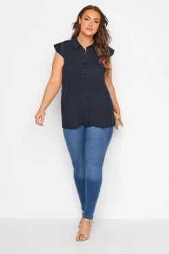 YOURS Curve Navy Blue Button Through Dipped Hem Shirt