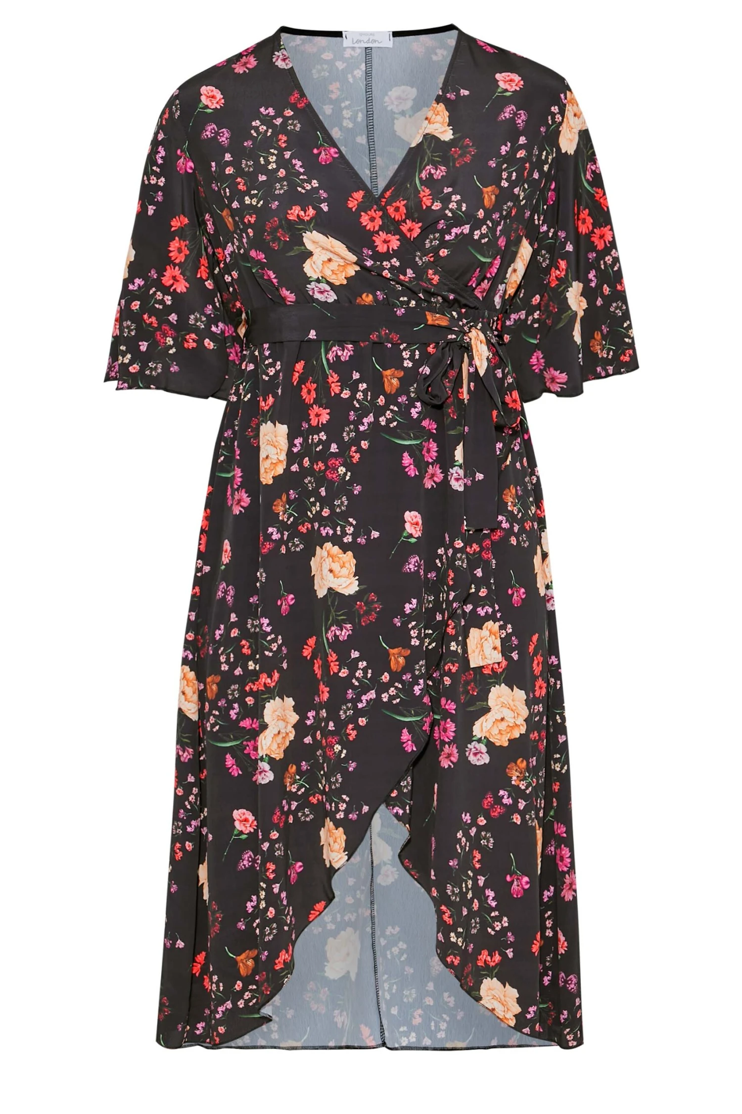 YOURS LONDON Curve Black Floral Print Midi Wrap Dress 6 YOURS LONDON Curve Black Floral Print Midi Wrap Dress - Image 6