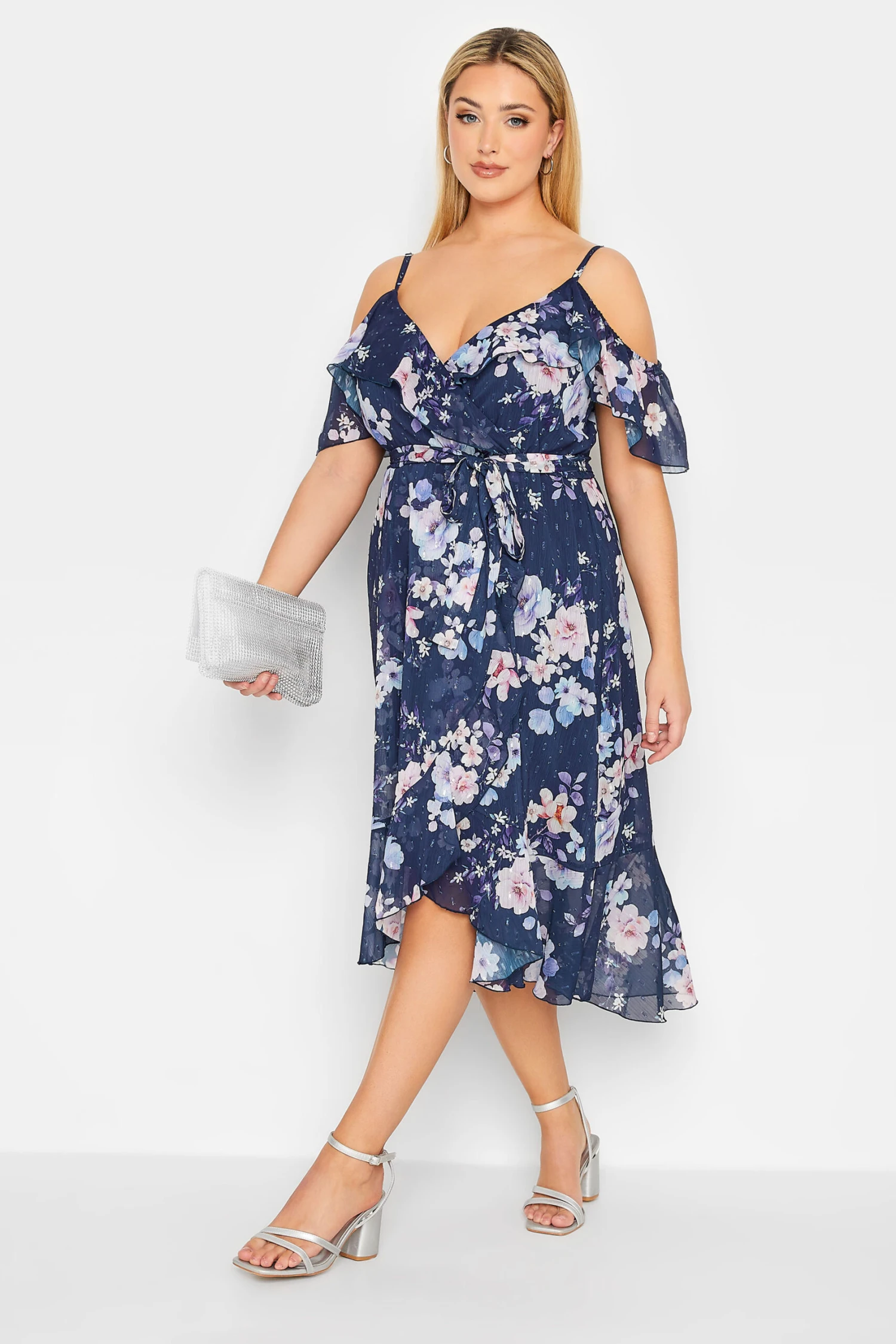 YOURS LONDON Curve Blue Floral Cold Shoulder Wrap Dress 1 YOURS LONDON Curve Blue Floral Cold Shoulder Wrap Dress