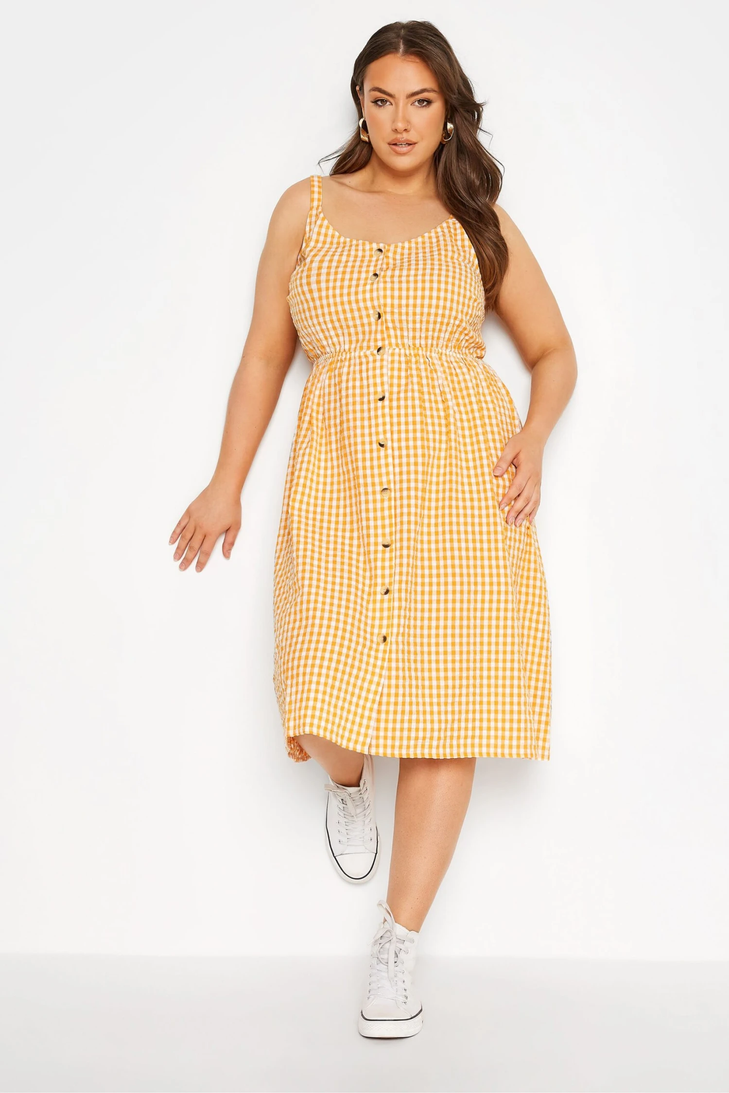 LIMITED COLLECTION Curve Orange Gingham Button Front Sundress 1 LIMITED COLLECTION Curve Orange Gingham Button Front Sundress