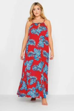 YOURS Curve Red Tropical Print Tiered Beach Dress