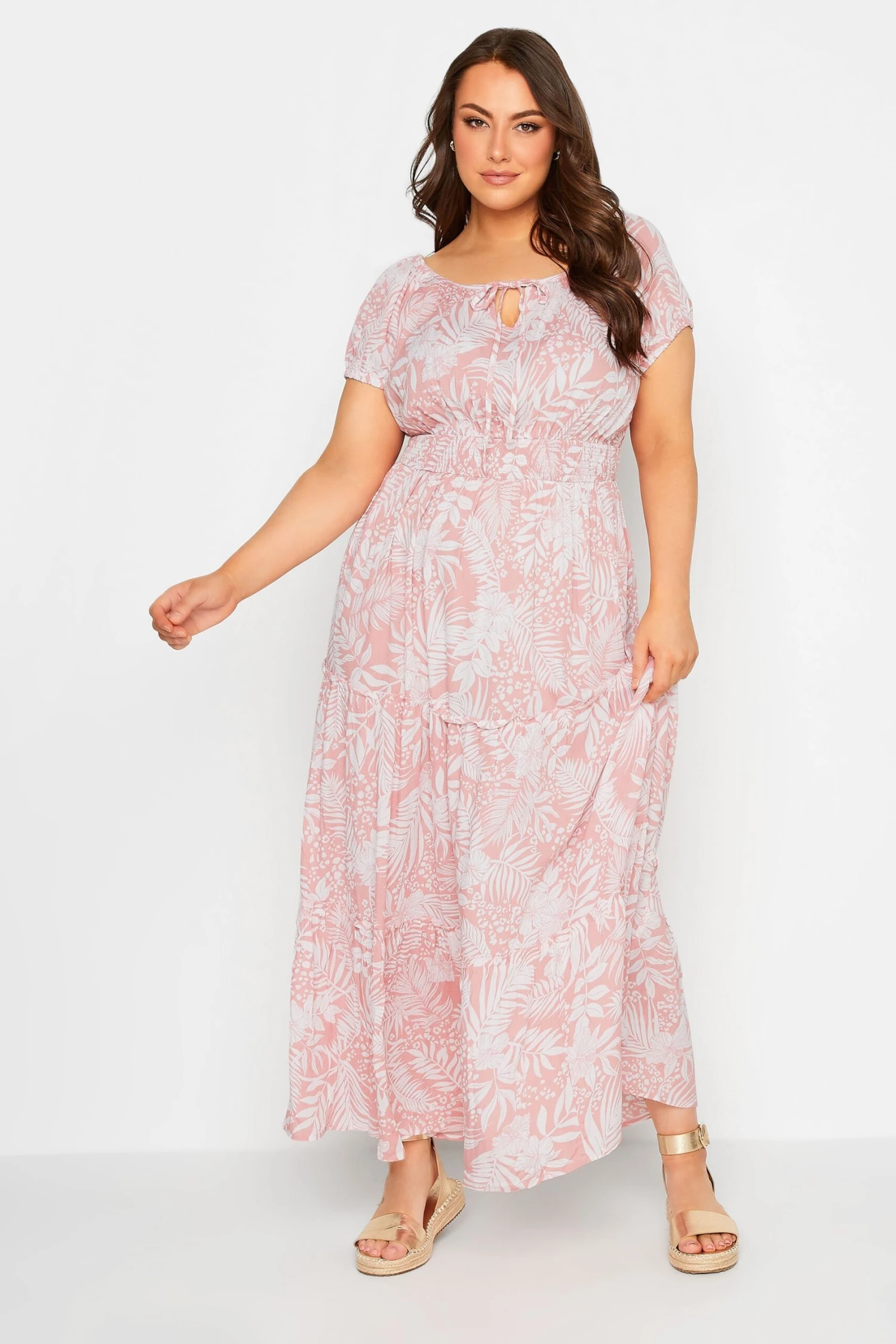 YOURS Curve Pink Tropical Print Bardot Maxi Dress 1 YOURS Curve Pink Tropical Print Bardot Maxi Dress