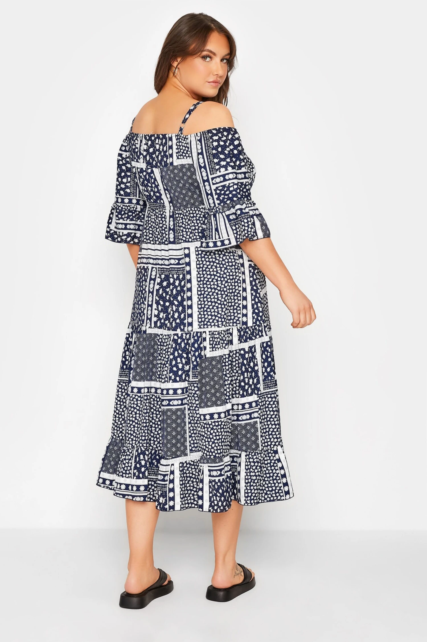 LIMITED COLLECTION Curve Navy Blue Patchwork Print Cold Shoulder Dress 2 LIMITED COLLECTION Curve Navy Blue Patchwork Print Cold Shoulder Dress - Image 2