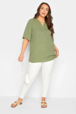 YOURS Curve Khaki Green V-Neck Blouse