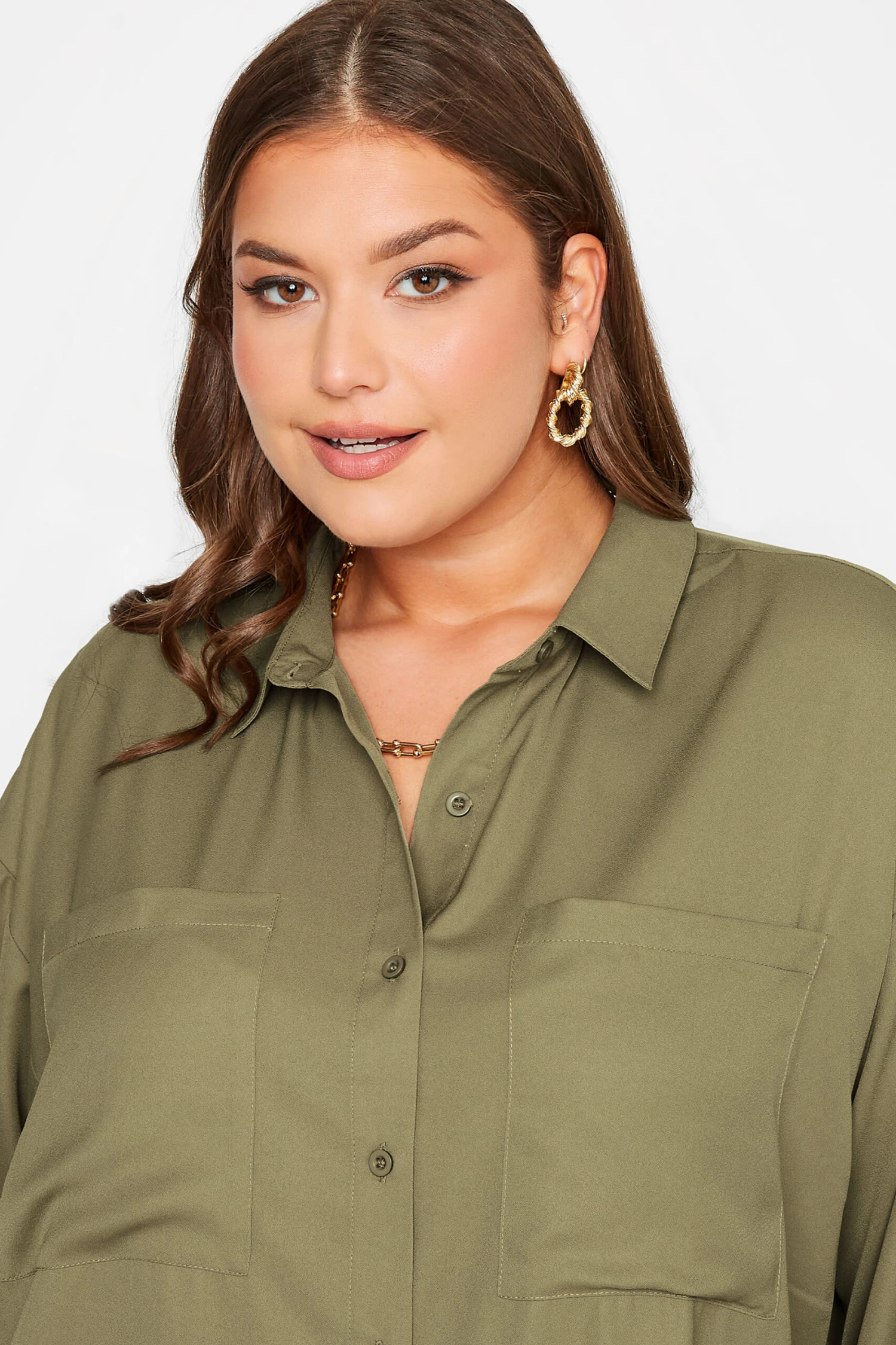 YOURS Curve Khaki Green Oversized Boyfriend Shirt 3 YOURS Curve Khaki Green Oversized Boyfriend Shirt - Image 3