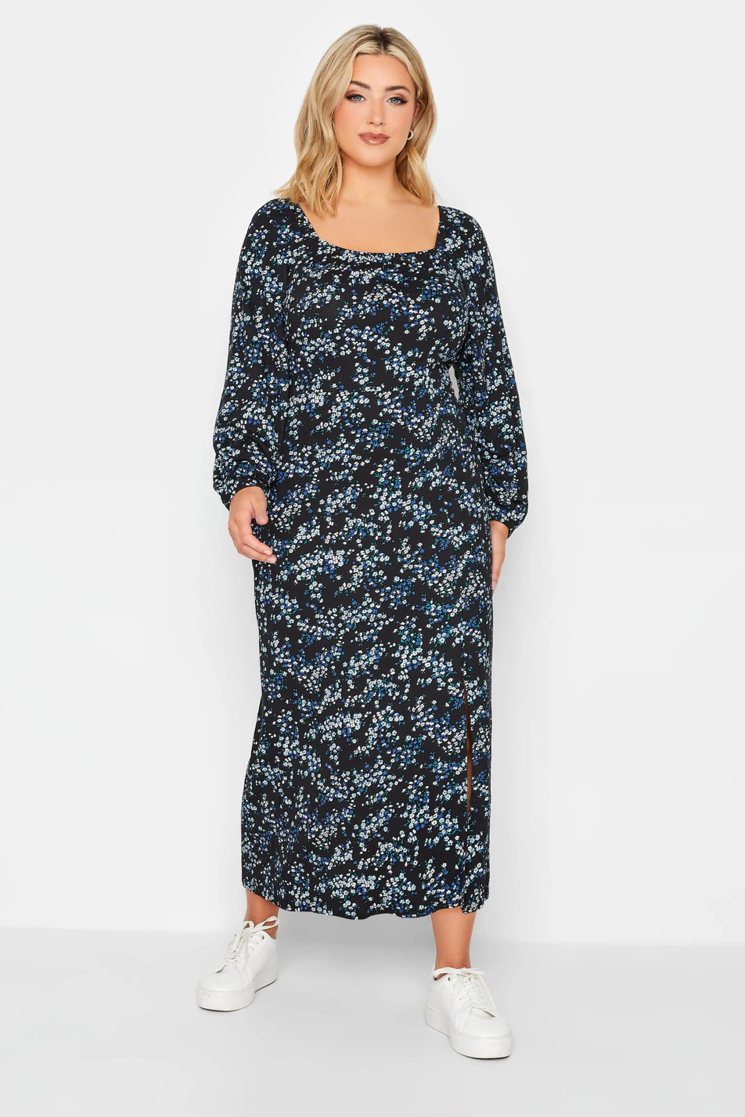 YOURS PETITE Curve Black & Blue Ditsy Print Milkmaid Midi Dress 2 YOURS PETITE Curve Black & Blue Ditsy Print Milkmaid Midi Dress - Image 2