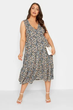 YOURS Curve Black Ditsy Print Wrap Midi Dress