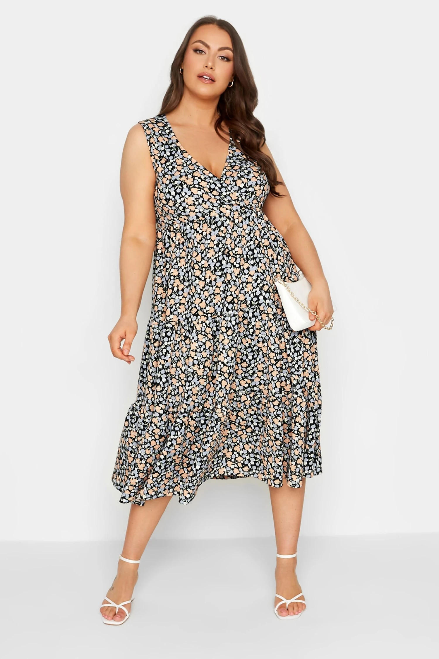 YOURS Curve Black Ditsy Print Wrap Midi Dress 1 YOURS Curve Black Ditsy Print Wrap Midi Dress