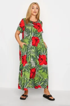 YOURS Curve Green Tropical Print Pocket Maxi Dress