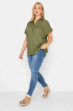 YOURS Curve Khaki Green Frill Sleeve Collared Shirt