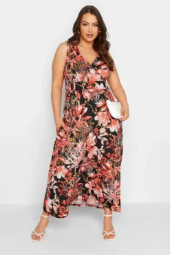 YOURS Curve Black & Orange Floral Print Wrap Maxi Dress