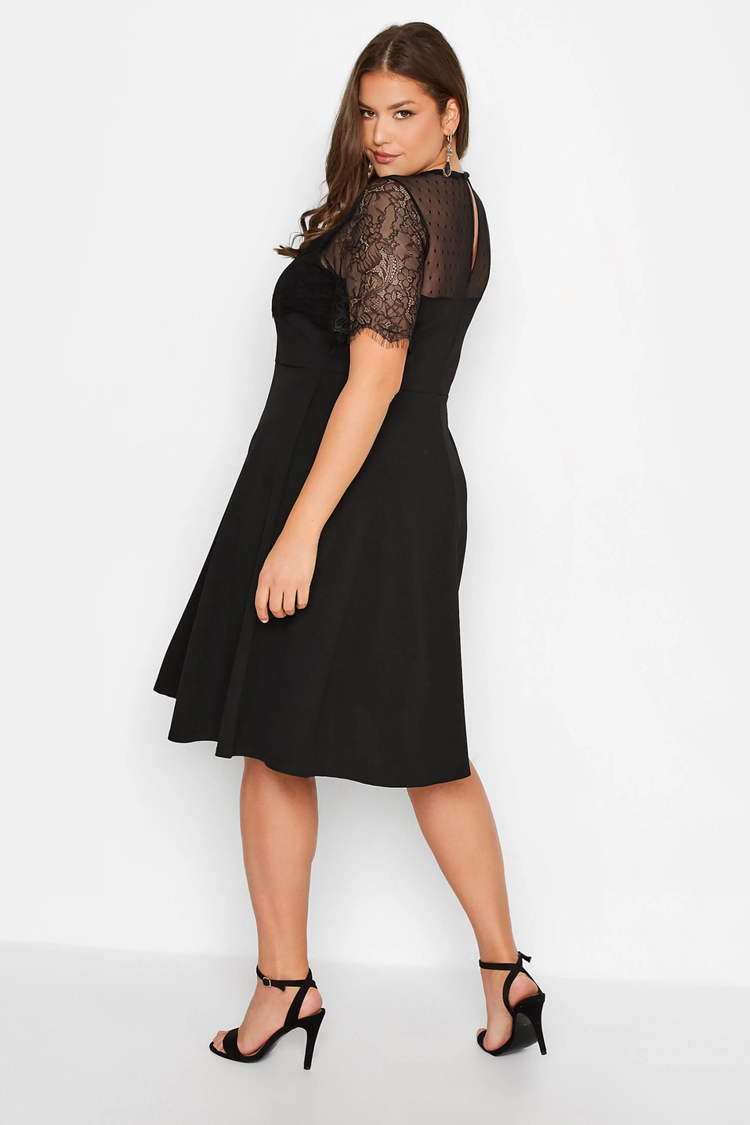 YOURS LONDON Curve Black Lace Sleeve Skater Dress 2 YOURS LONDON Curve Black Lace Sleeve Skater Dress - Image 2