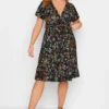 YOURS LONDON Curve Black Christmas Print Wrap Skater Dress