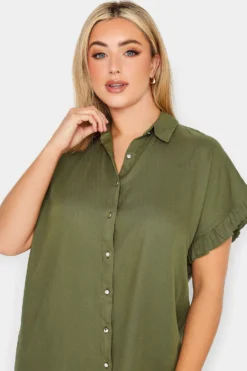 YOURS Curve Khaki Green Frill Sleeve Collared Shirt -Outlet Stylo Wise Store 1111d266 1486 42 174312 D scaled