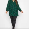 YOURS LONDON Curve Green Leopard Print Pleat Blouse