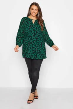 YOURS LONDON Curve Green Leopard Print Pleat Blouse