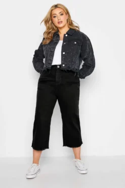 YOURS Curve Black Stretch Wide Leg Cropped Jeans