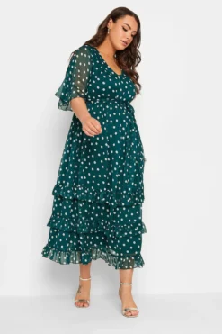 YOURS LONDON Curve Green Polka Dot Ruffle Maxi Dress