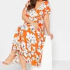 YOURS Curve Orange Floral V-Neck Tiered Wrap Dress