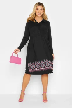 YOURS Curve Black Aztec Print Midi Shirt Dress