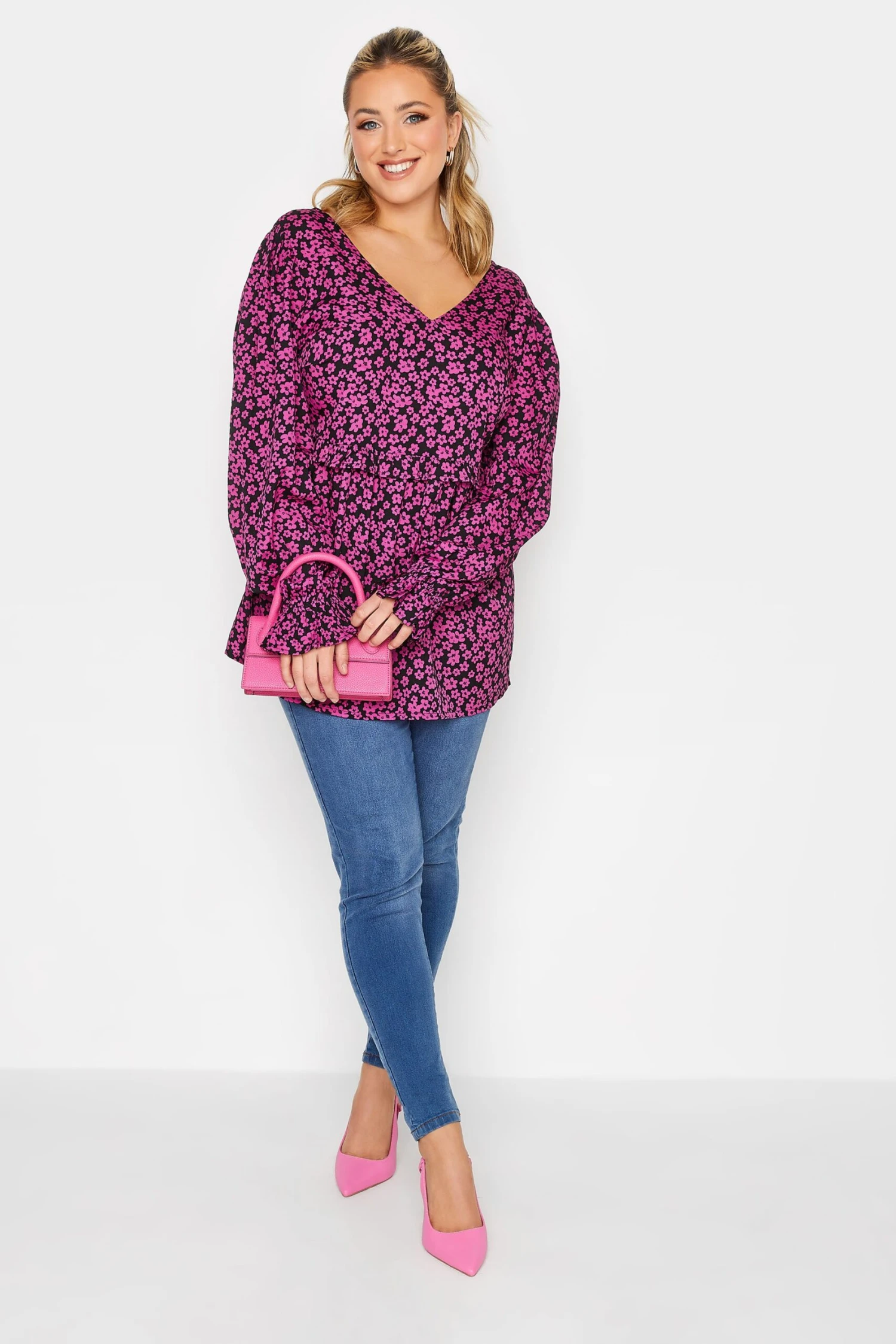 LIMITED COLLECTION Curve Pink Floral V-Neck Blouse 1 LIMITED COLLECTION Curve Pink Floral V-Neck Blouse