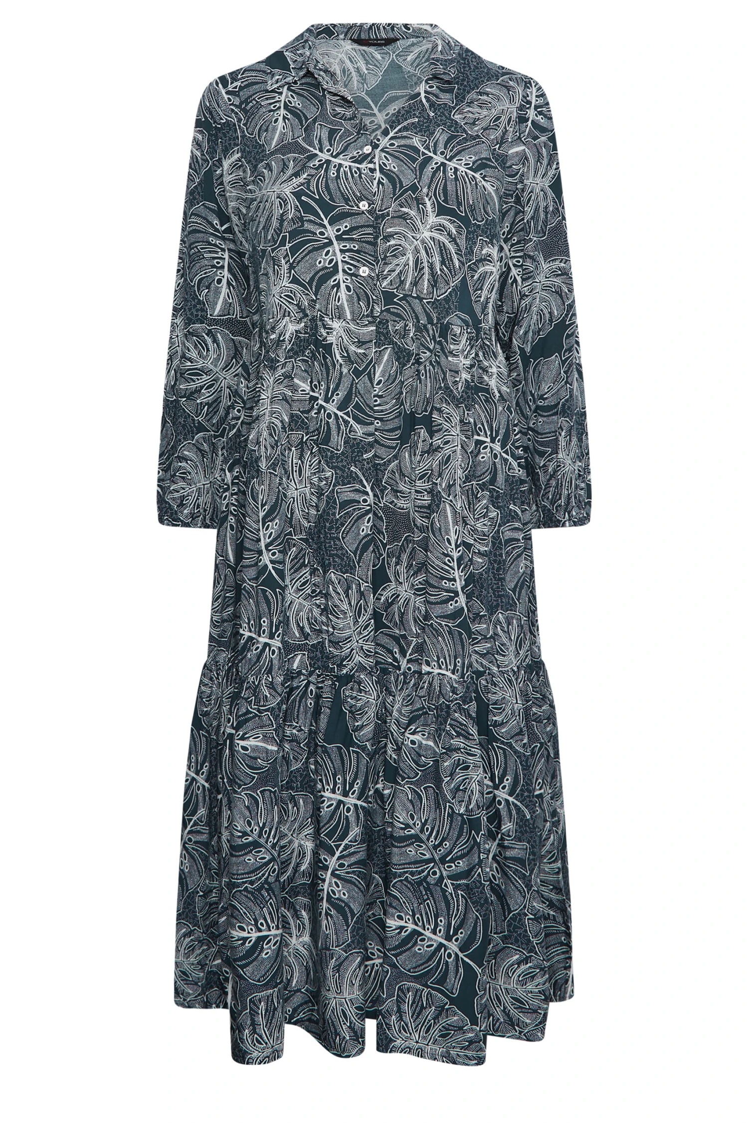 YOURS Curve Navy Blue Leaf Print Tiered Shirt Dress 5 YOURS Curve Navy Blue Leaf Print Tiered Shirt Dress - Image 5
