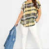 YOURS Curve Yellow Check Print Tab Sleeve Blouse