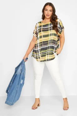 YOURS Curve Yellow Check Print Tab Sleeve Blouse