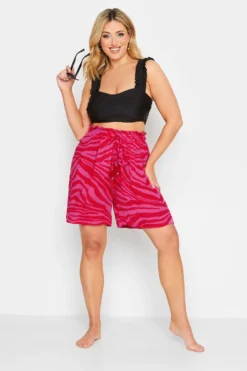 YOURS Curve Pink Animal Print Tassel Beach Shorts