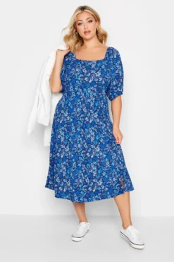 YOURS Curve Blue Ditsy Print Square Neck Midaxi Dress