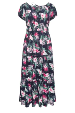 YOURS Curve Navy Blue Tropical Print Bardot Maxi Dress -Outlet Stylo Wise Store 1c4437a3 4036 48 137323 X scaled