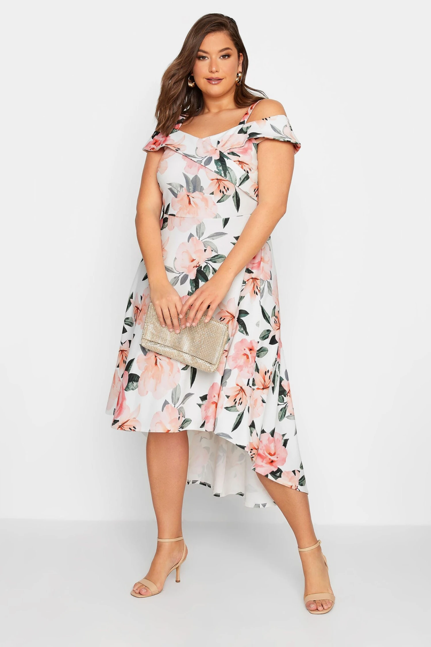 YOURS LONDON Curve White & Pink Floral Bardot Midi Dress 1 YOURS LONDON Curve White & Pink Floral Bardot Midi Dress