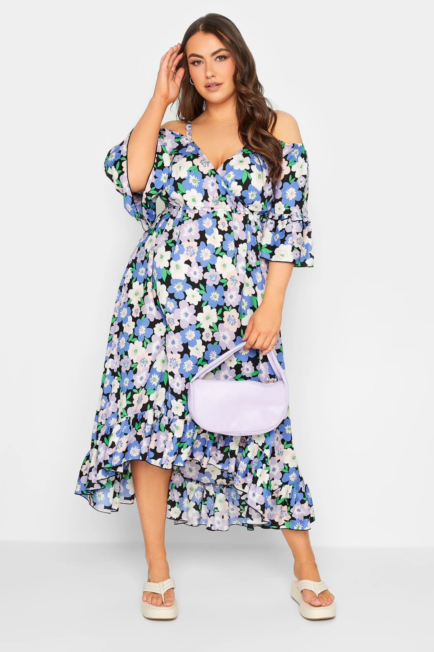 YOURS Curve Purple Floral Cold Shoulder Midaxi Dress 1 YOURS Curve Purple Floral Cold Shoulder Midaxi Dress