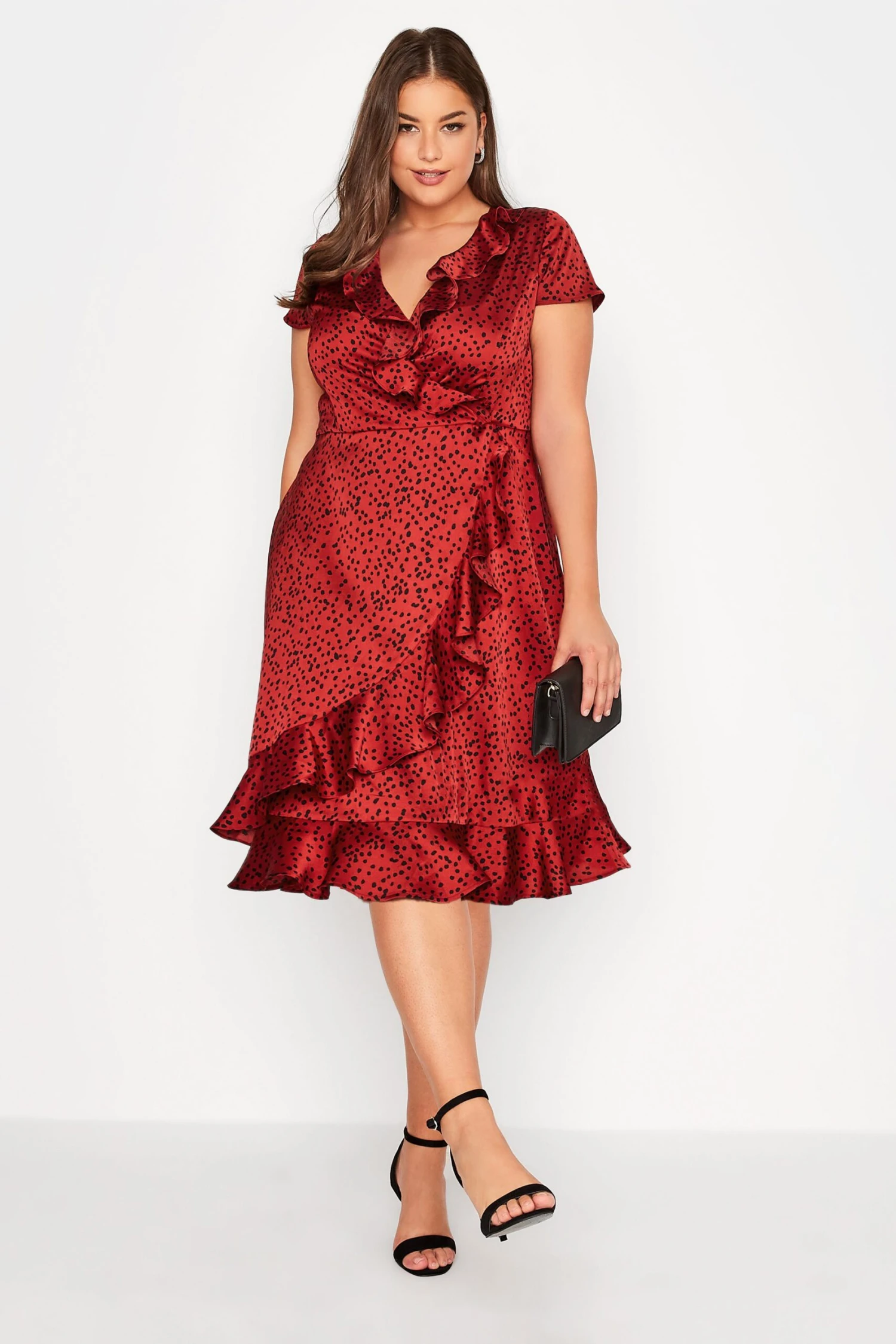 YOURS LONDON Curve Dark Red Dalmatian Satin Wrap Dress 1 YOURS LONDON Curve Dark Red Dalmatian Satin Wrap Dress