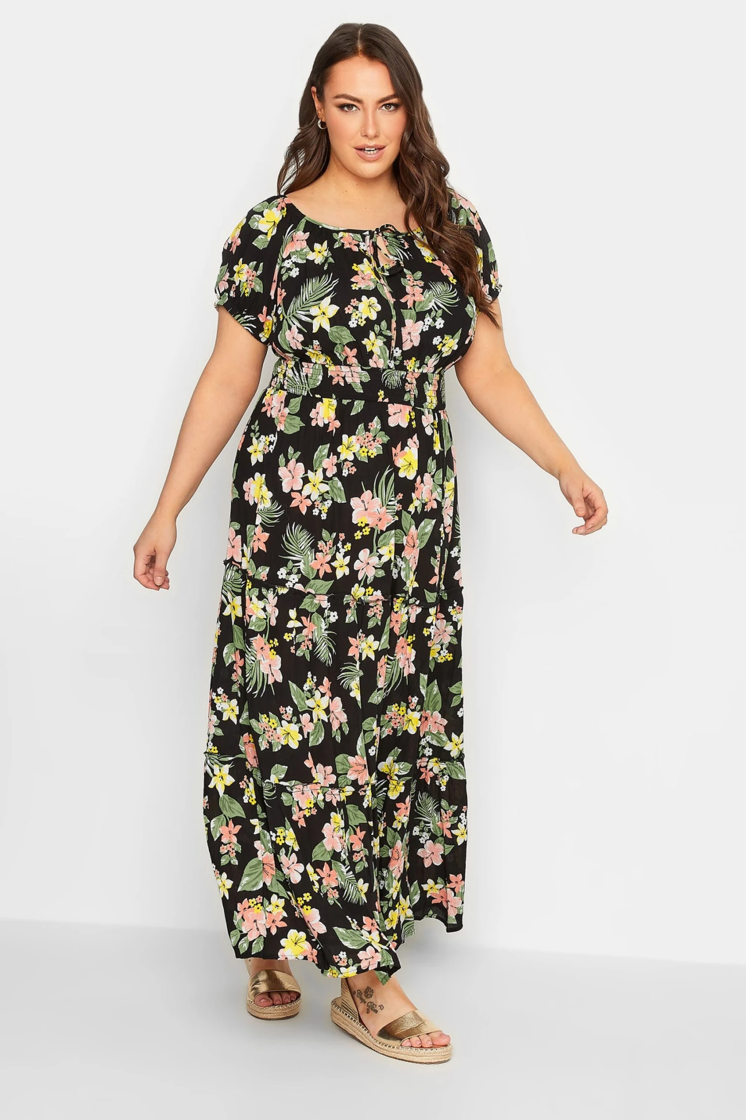 YOURS Curve Black Tropical Print Bardot Maxi Dress 1 YOURS Curve Black Tropical Print Bardot Maxi Dress