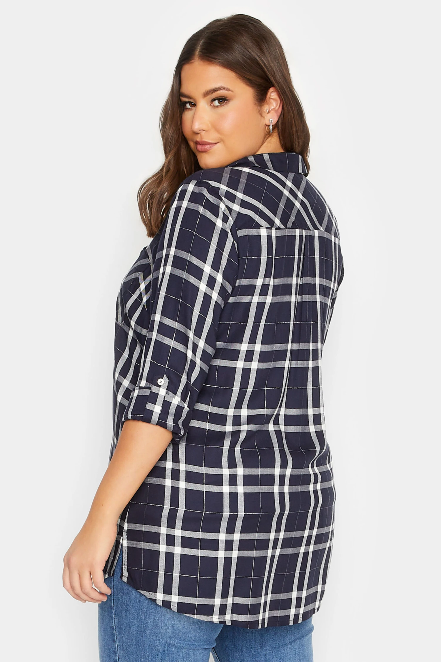 YOURS Curve Navy Blue Check Boyfriend Shirt 2 YOURS Curve Navy Blue Check Boyfriend Shirt - Image 2