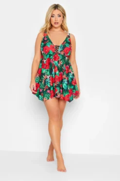 YOURS Curve Green Tropical Floral Print Swim Dress
