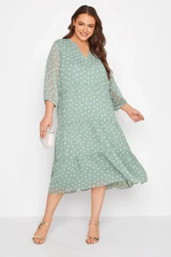 YOURS Curve Sage Green Polka Dot Tiered Dress