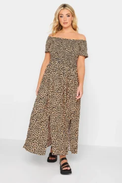 YOURS Curve Brown Leopard Print Shirred Maxi Dress