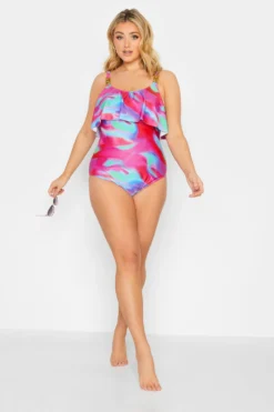 YOURS Curve Pink Swirl Print Frill Chain Tummy Control Swimsuit