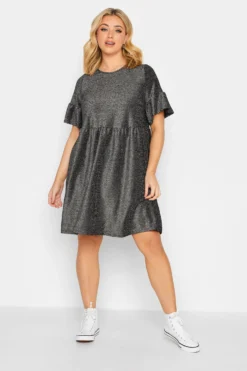 YOURS Curve Grey Glitter Frill Sleeve Smock Dress