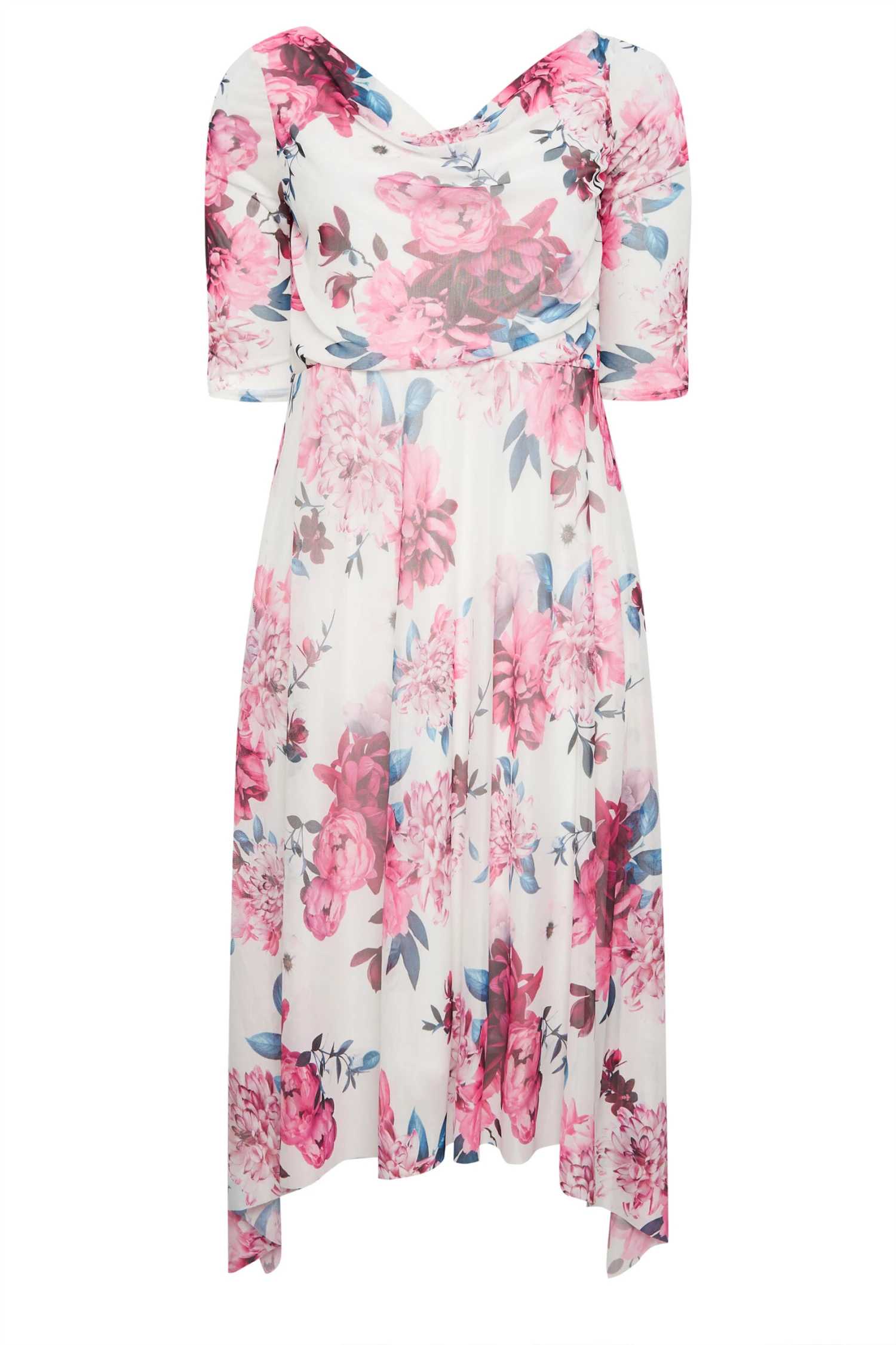 YOURS LONDON Curve White Floral Cowl Neck Mesh Dress 5 YOURS LONDON Curve White Floral Cowl Neck Mesh Dress - Image 5