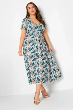 YOURS Curve Blue Leaf Print Maxi Wrap Dress