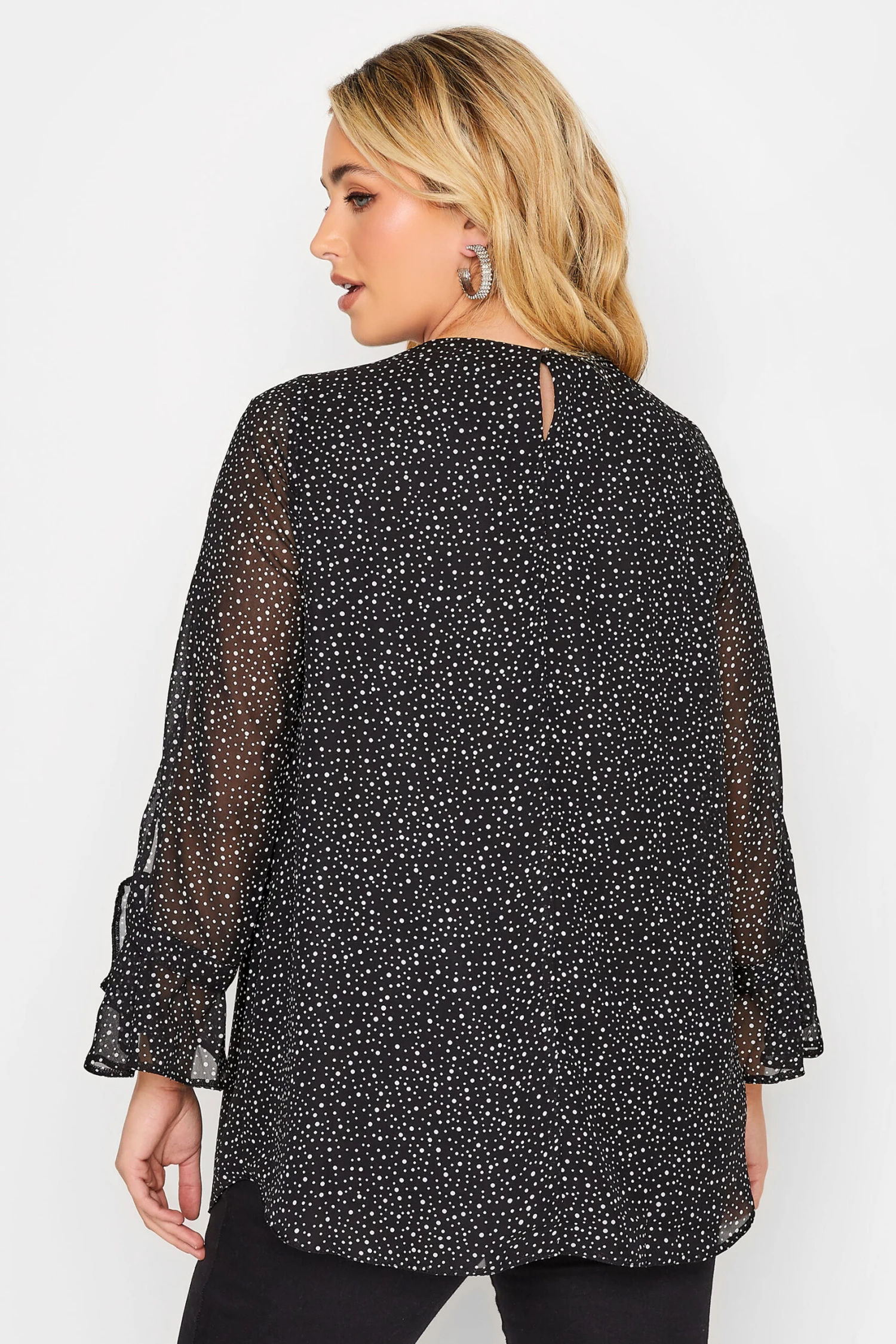 YOURS Curve Black Polka Dot Bell Sleeve Blouse 2 YOURS Curve Black Polka Dot Bell Sleeve Blouse - Image 2