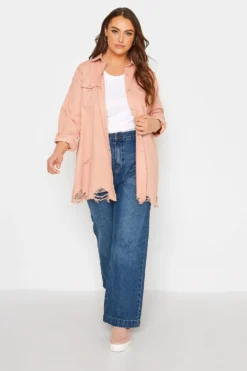 YOURS Curve Pink Distressed Denim Shirt