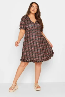 YOURS Curve Black & Red Check V-Neck Midi Dress